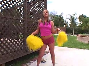 Blonde cheerleader babe gets meaty stick to suck and be banged!